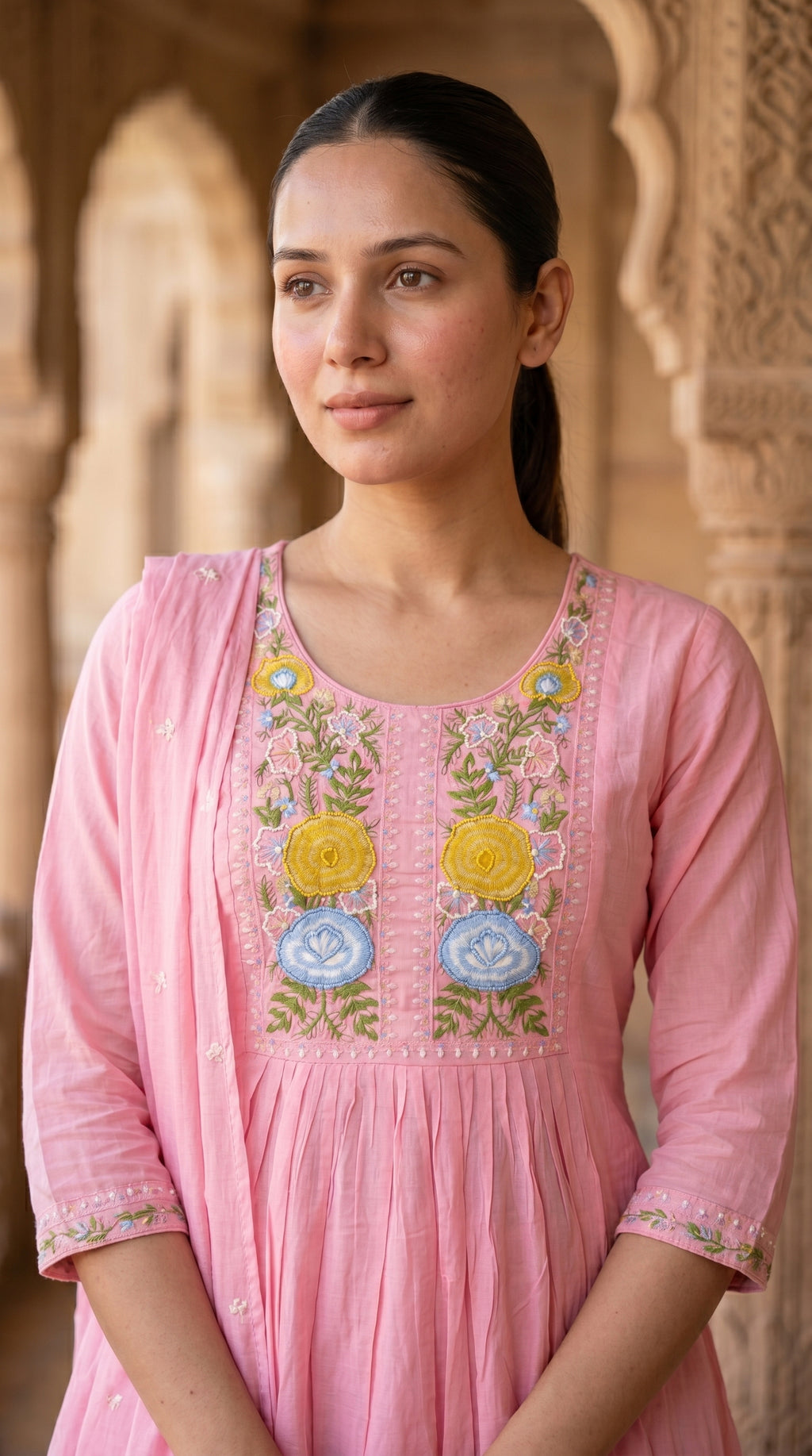 Blush Pink Floral Embroidered Mal Cotton A-Line Suit Set