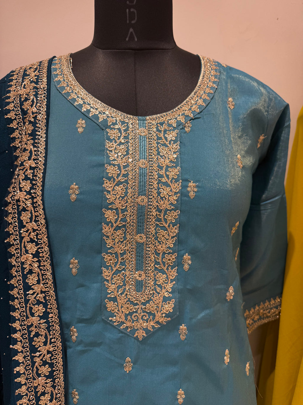 Straight-Cut Suit in Firozee with Gold Zari Embroidery