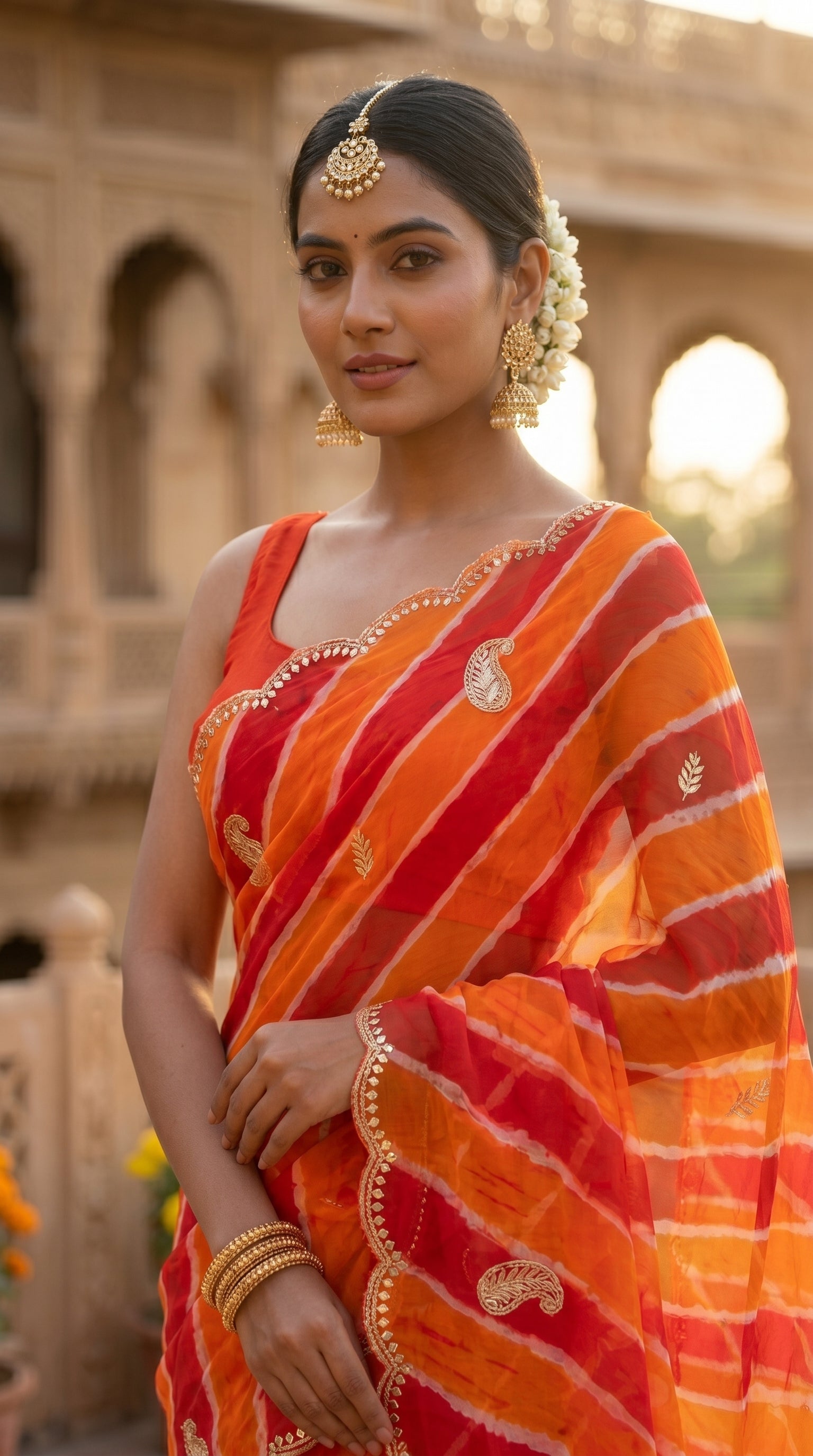 Orange & Red Leheriya Georgette Saree with Embroidered Border & Blouse Piece