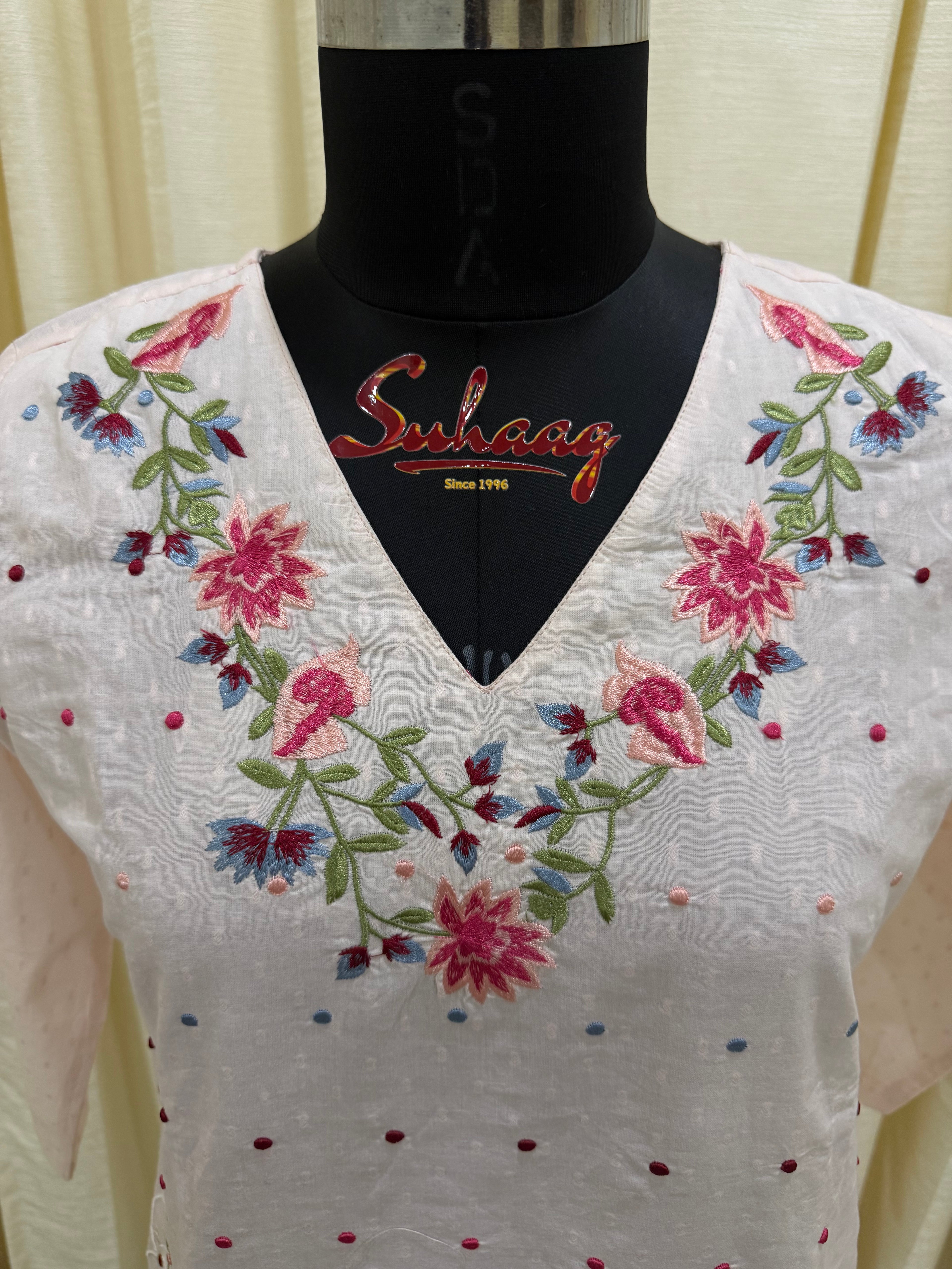 Nude Pink Floral Embroidered Cotton Kurta Set with Scalloped Hem