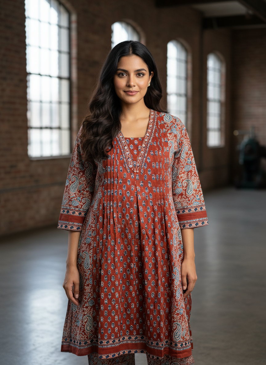 Rust Red & Indigo Ajrakh Print Cotton 3-Piece Suit Set