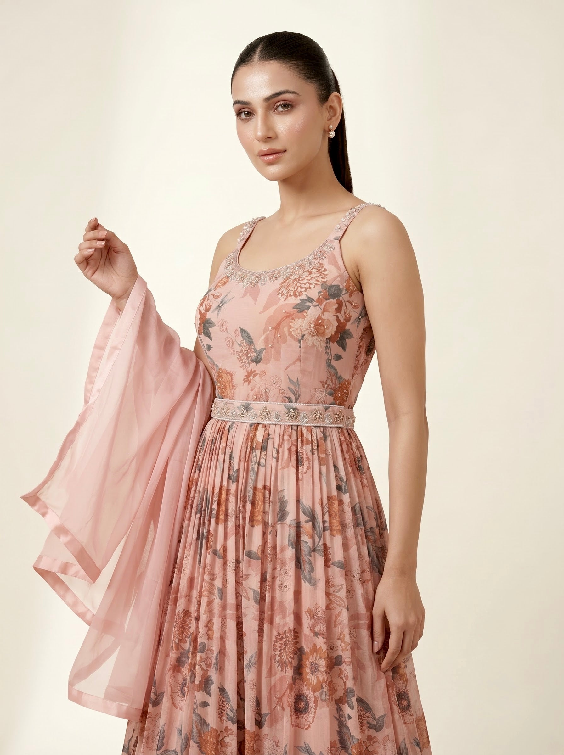Dusty Pink Floral Print Chinon Crepe Anarkali Gown with Embellished Belt & Dupatta