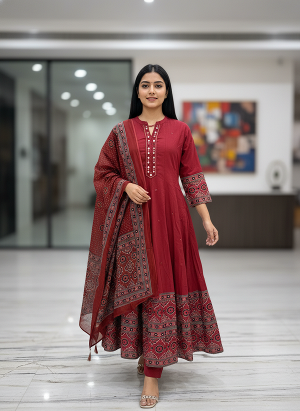 Brick Red Ajrakh Print Anarkali Cotton 3-Piece Suit Set