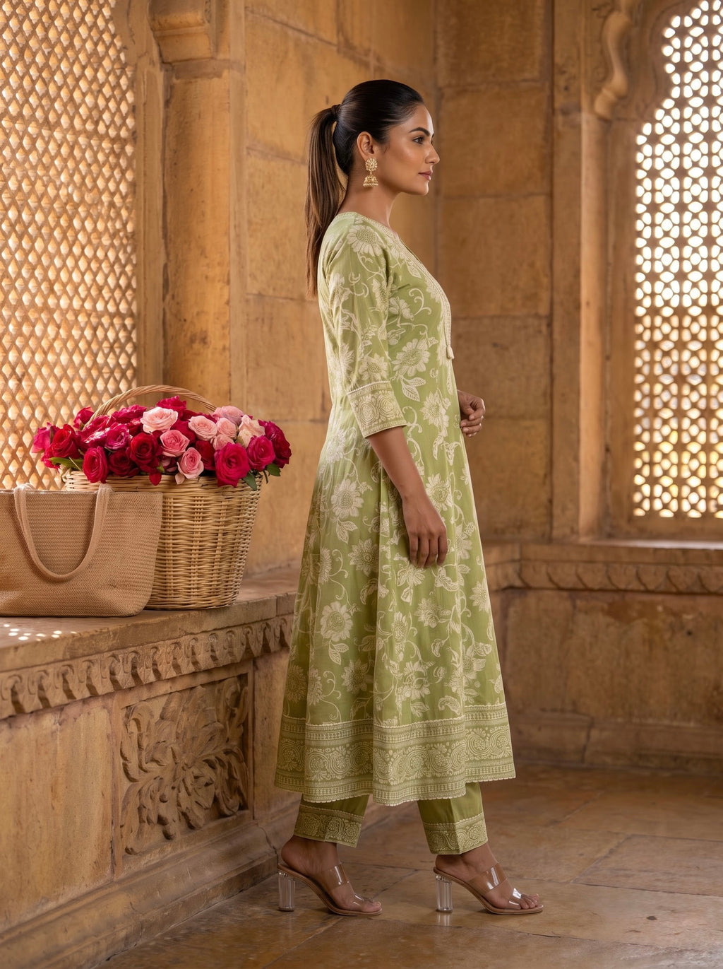 Sage Green Floral Print Premium Cotton Kurta Set