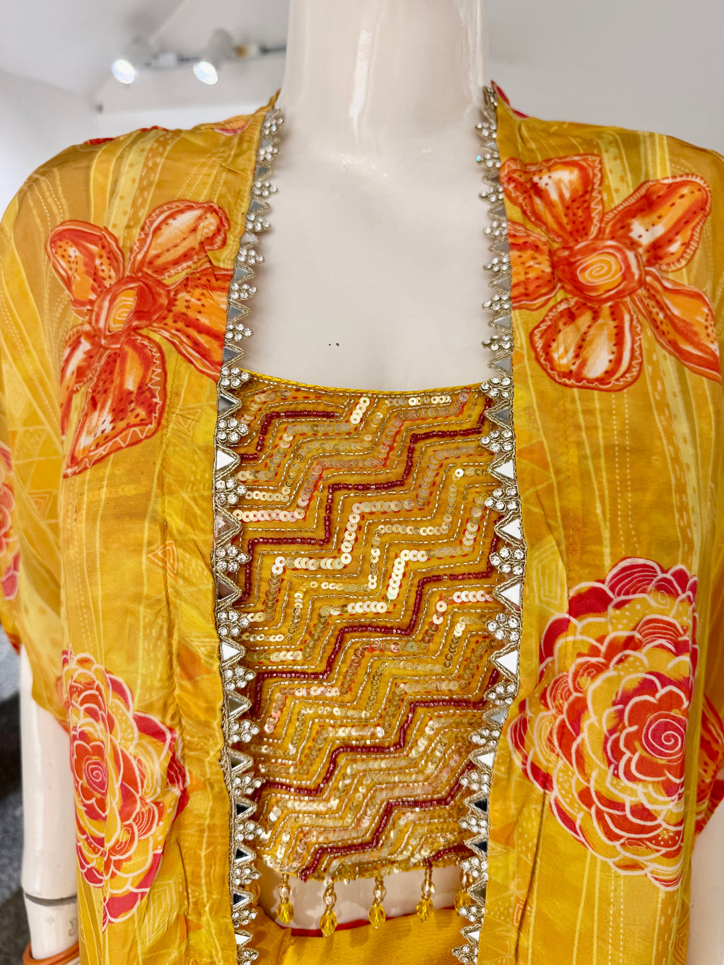 Sunshine Yellow Silk Indo-Western Set with Floral Shrug & Embroidered Crop Top