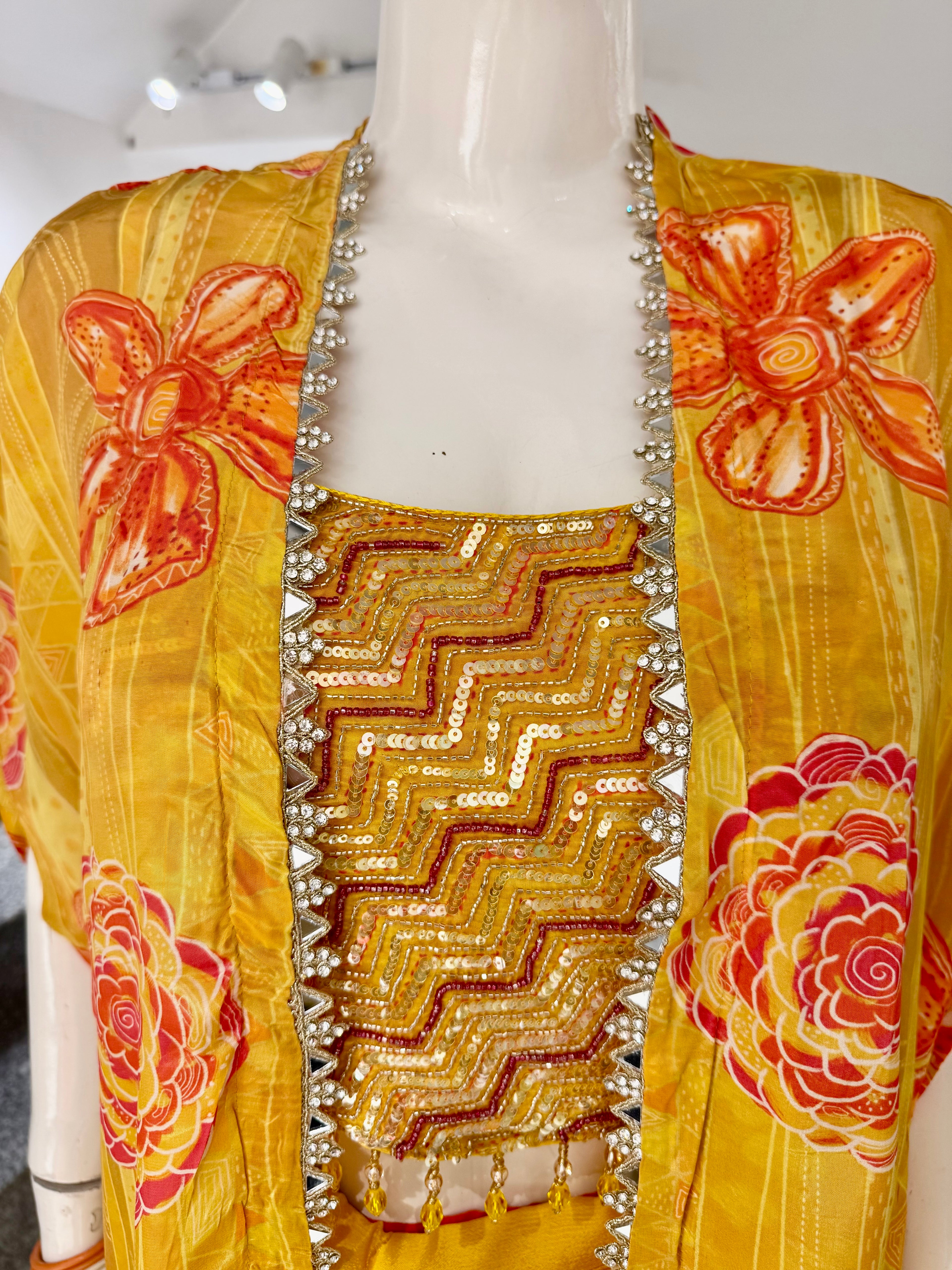 Sunshine Yellow Silk Indo-Western Set with Floral Shrug & Embroidered Crop Top