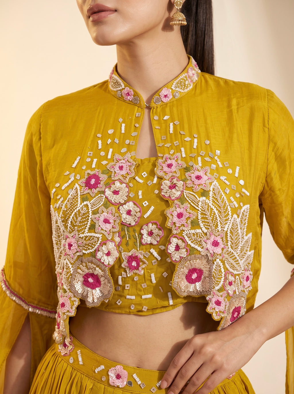 Mustard Pure Georgette Crop Top Lehenga Set with Cape Sleeves & Floral Embroidery
