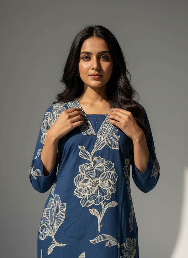 Blue Floral Print Cotton Kurta Set with Dupatta