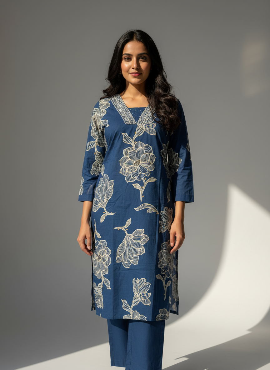 Blue Floral Print Cotton Kurta Set with Dupatta