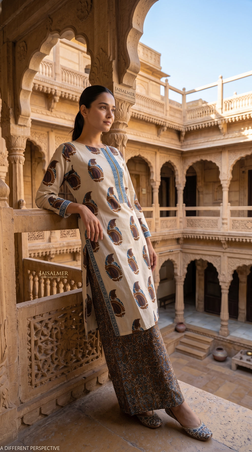 Off-White Blue Paisley Block Print Cotton Kurta Set – Palazzo Suit