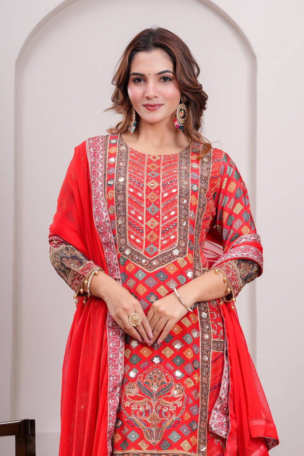 Red Royal Printed Suit Set With Elegant mirror and hand detaling work