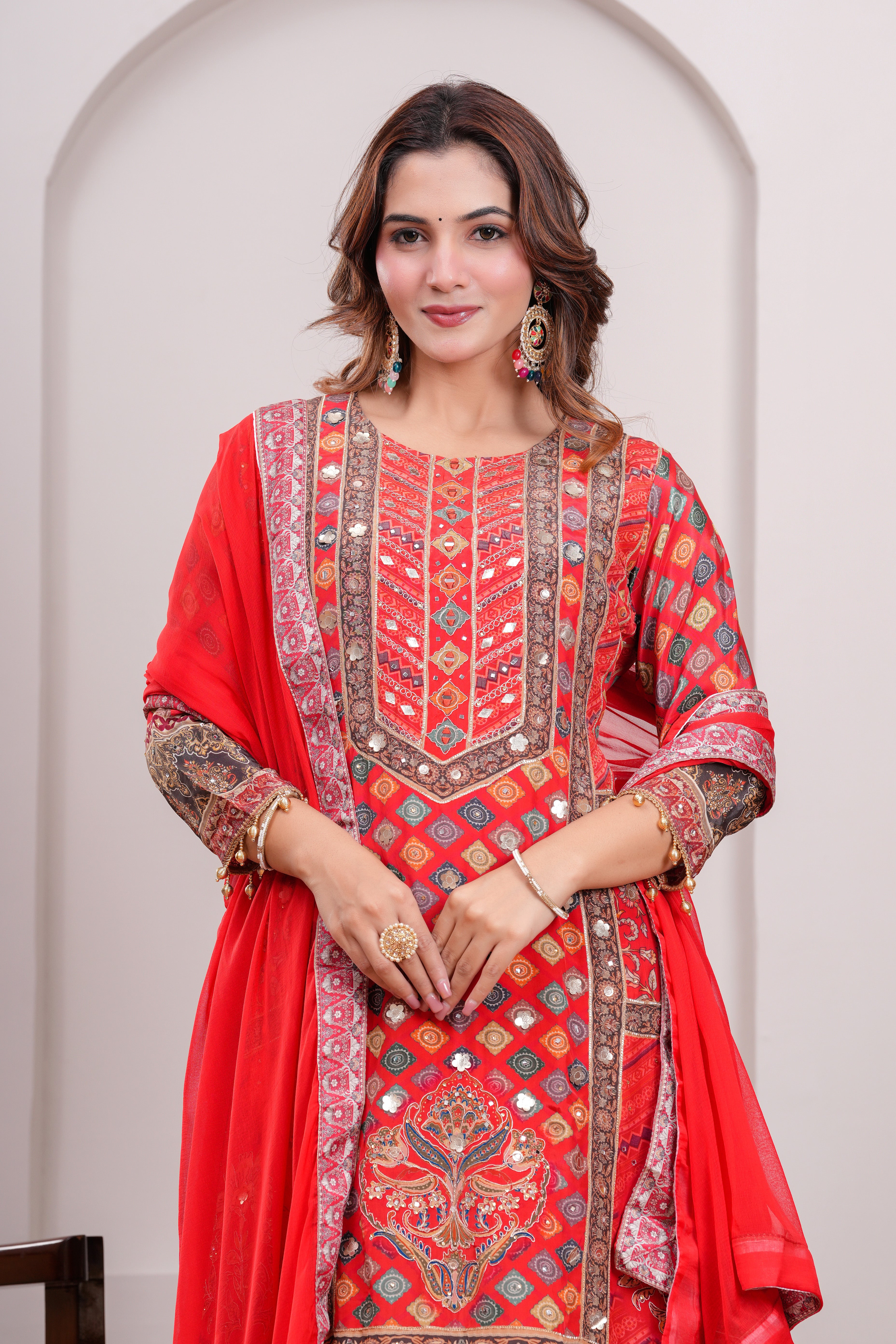 Red Royal Printed Suit Set With Elegant mirror and hand detaling work