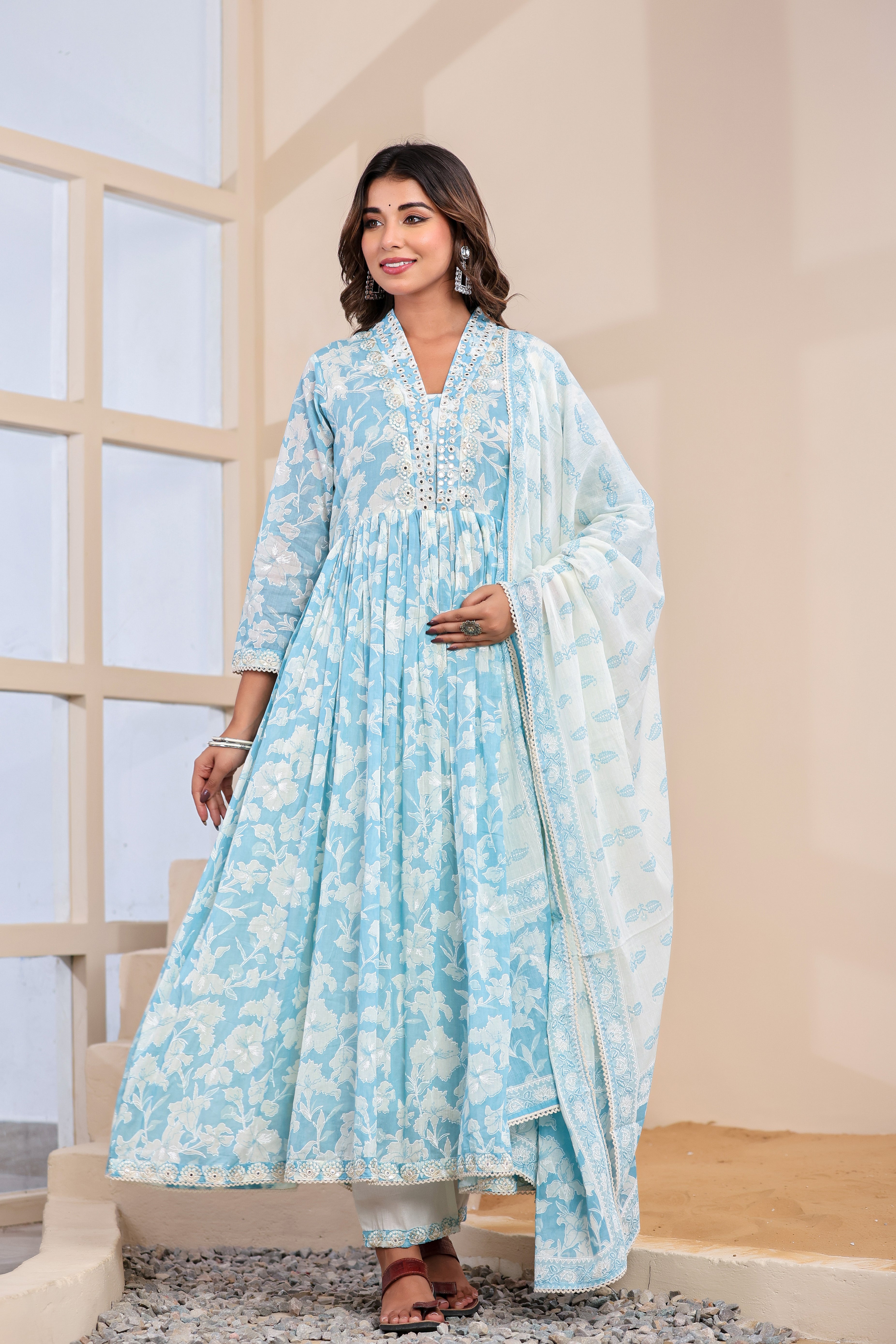 Anarkali Sky Blue Pure Cotton Suit