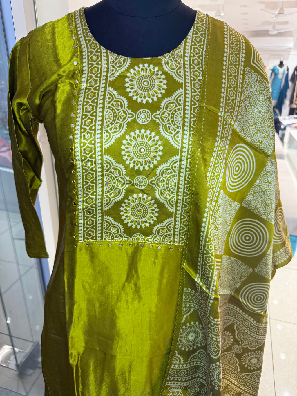 Olive Gold Satin Silk Embroidered Suit Set