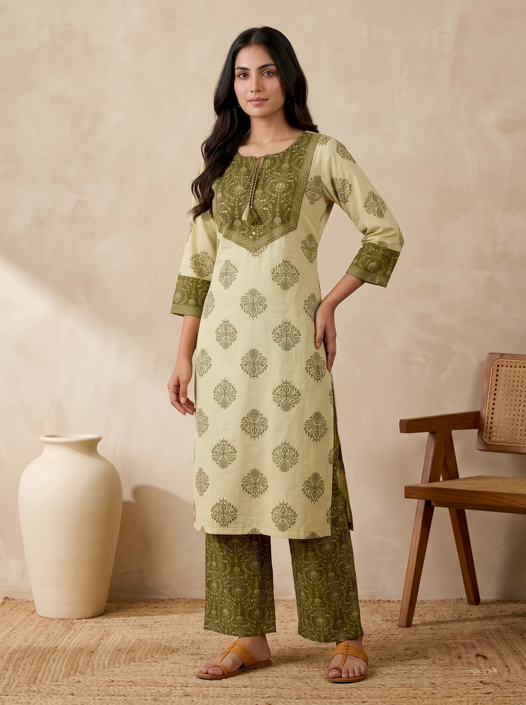 Olive Green Block Print Premium Cotton Kurta Palazzo Set