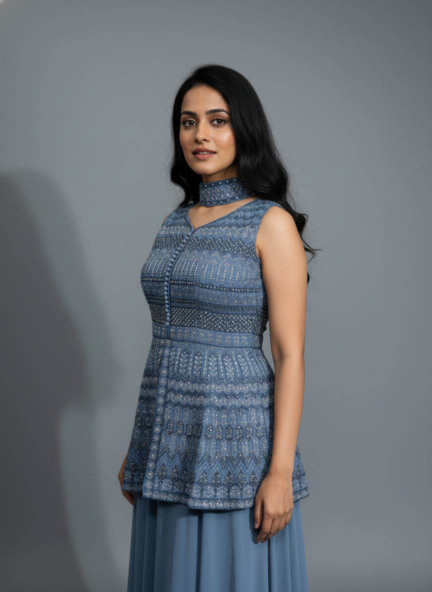 Dusty Blue Embroidered Peplum Top with Flowy Skirt Set