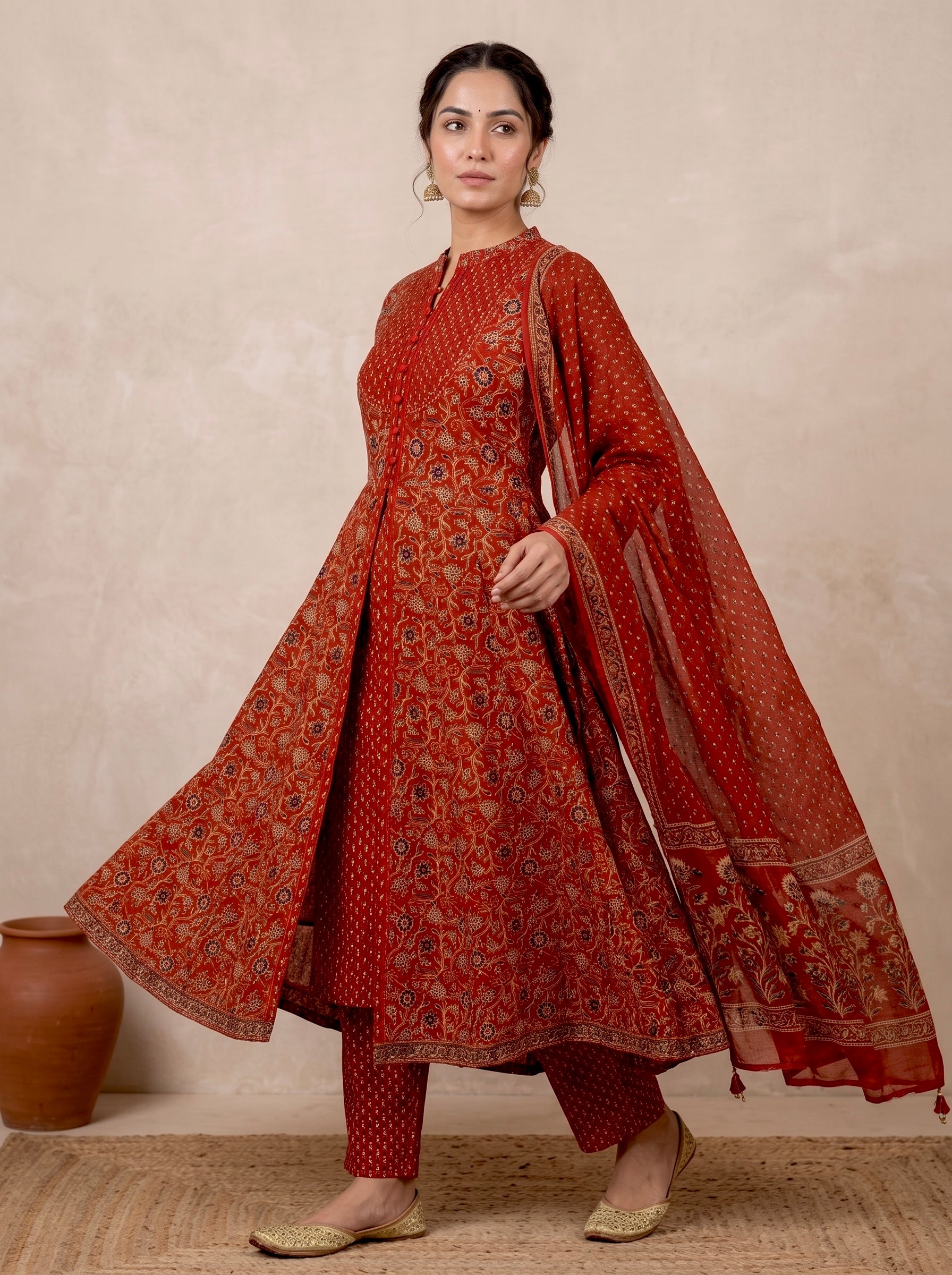 Red Ajrakh Printed Front Slit Anarkali Set