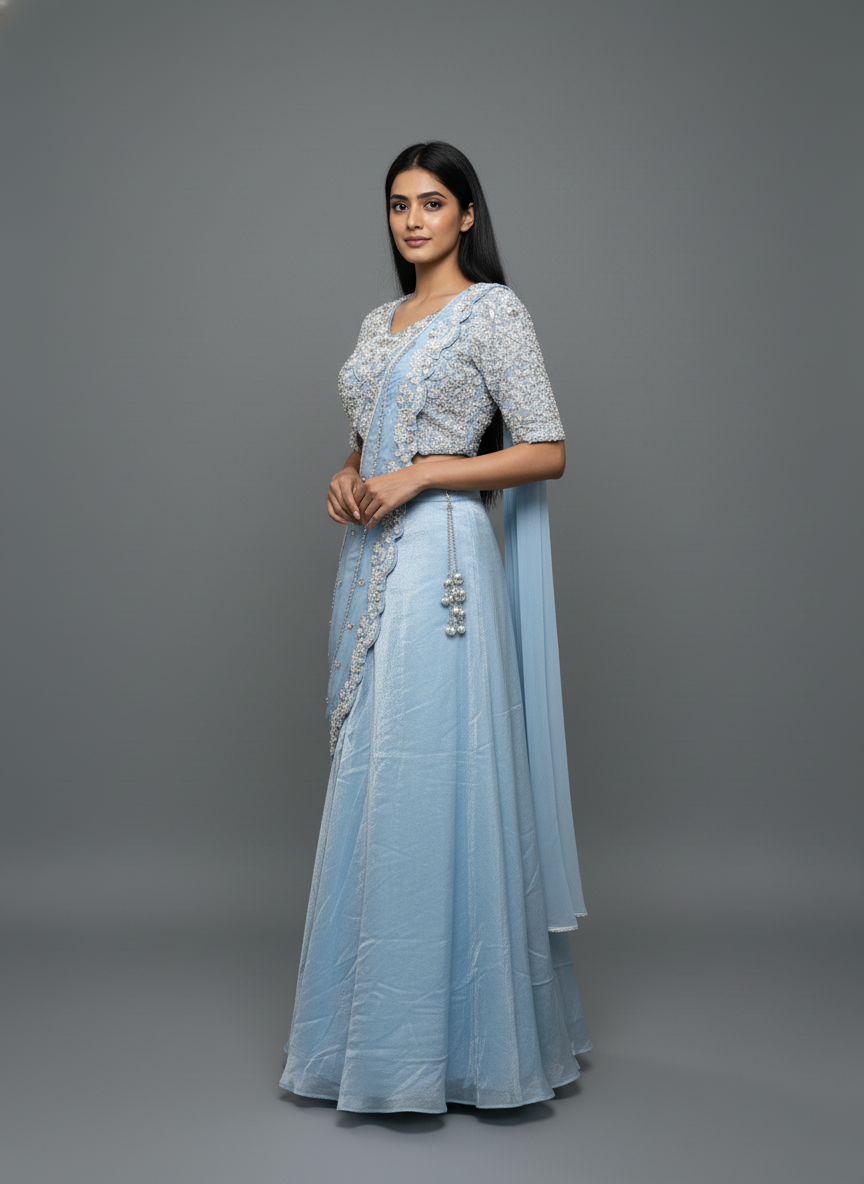 Icy Blue Sequined Blouse and Draped Skirt Indo-Western Set