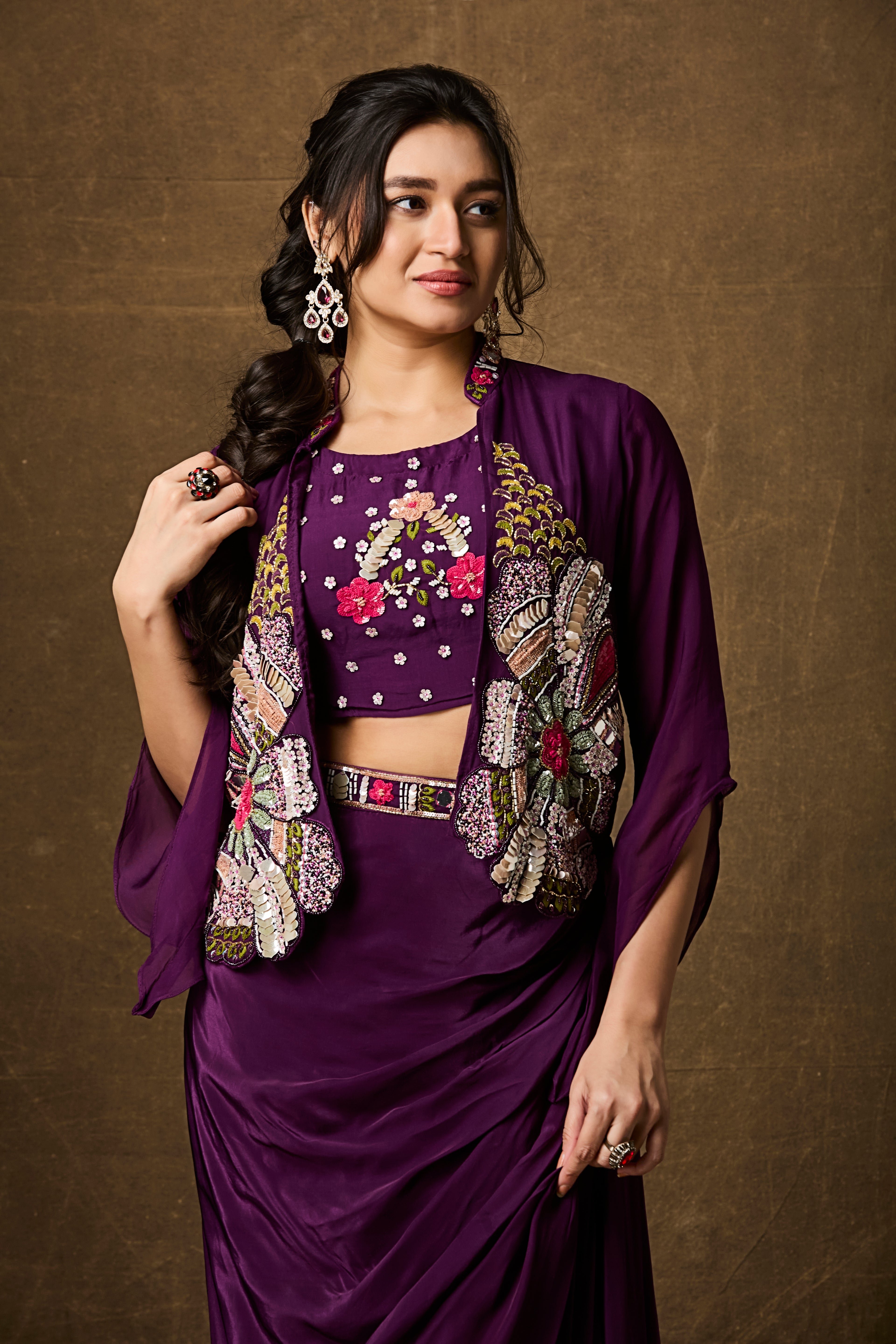 Purple Draped Skirt Set with Embroidered Jacket