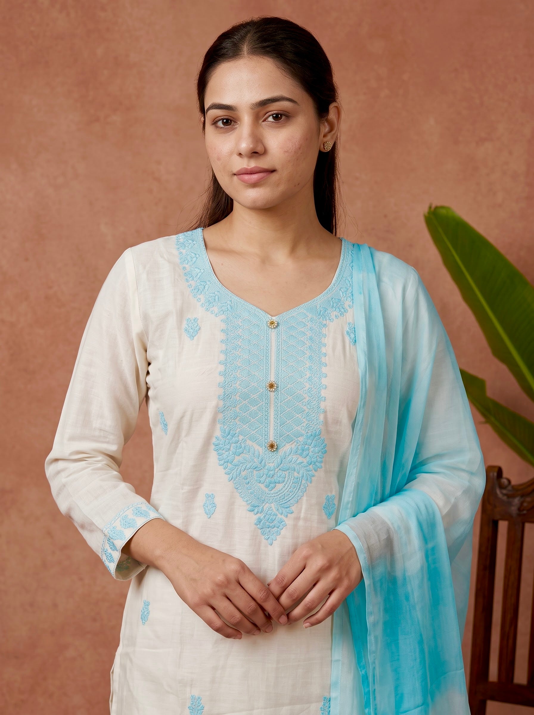 Off-White Chikankari Embroidered Slub Cotton Kurta Set