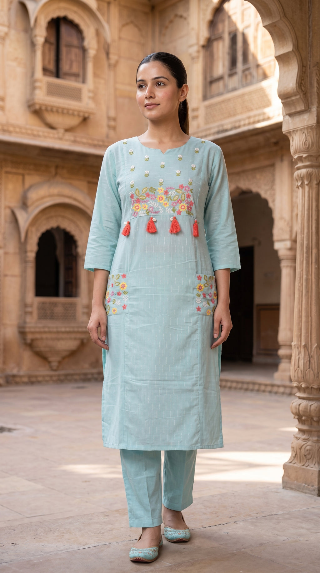 Powder Blue Floral Embroidered Cotton Kurta Set for Women – Straight Suit