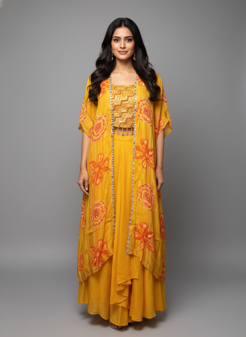 Sunshine Yellow Silk Indo-Western Set with Floral Shrug & Embroidered Crop Top