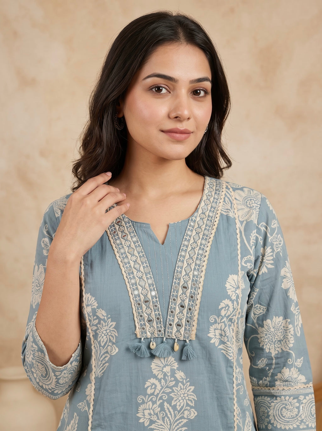 Dusty Blue Floral Print Premium Cotton Kurta Set