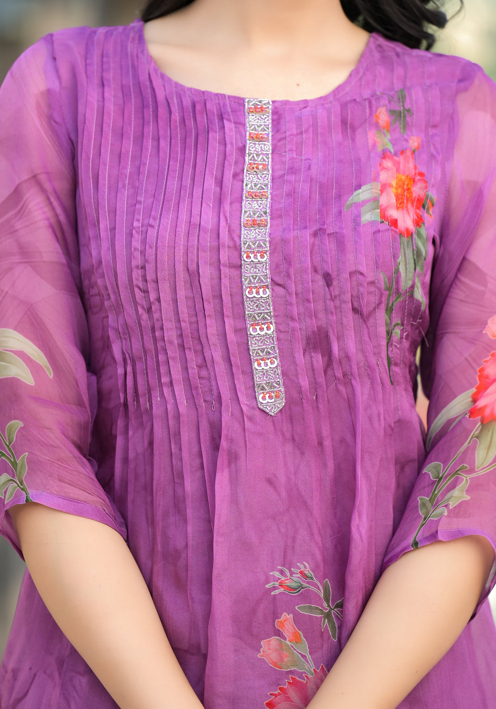 Purple Orgenza Suit Set With Elegant Neck Work