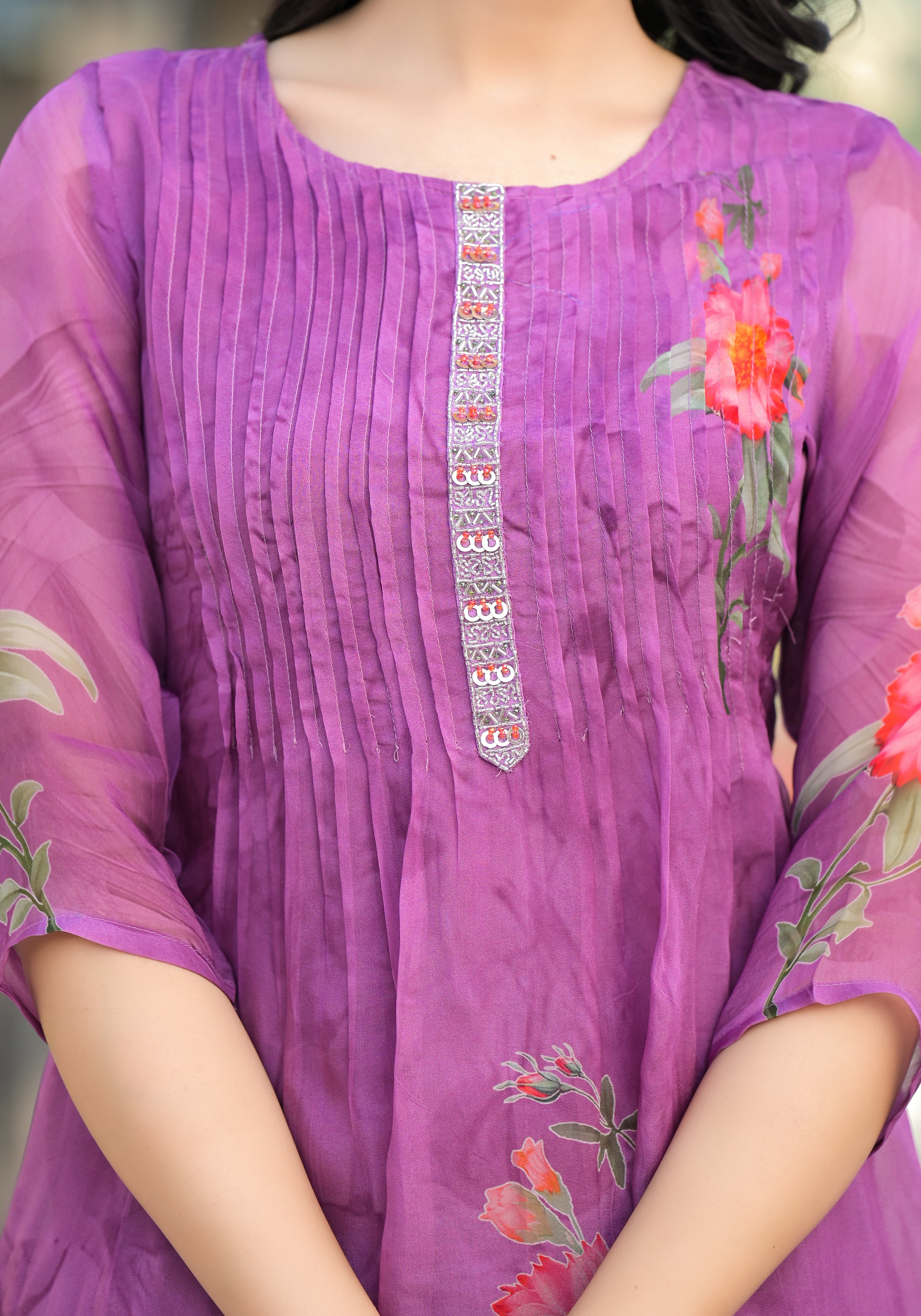 Purple Orgenza Suit Set With Elegant Neck Work