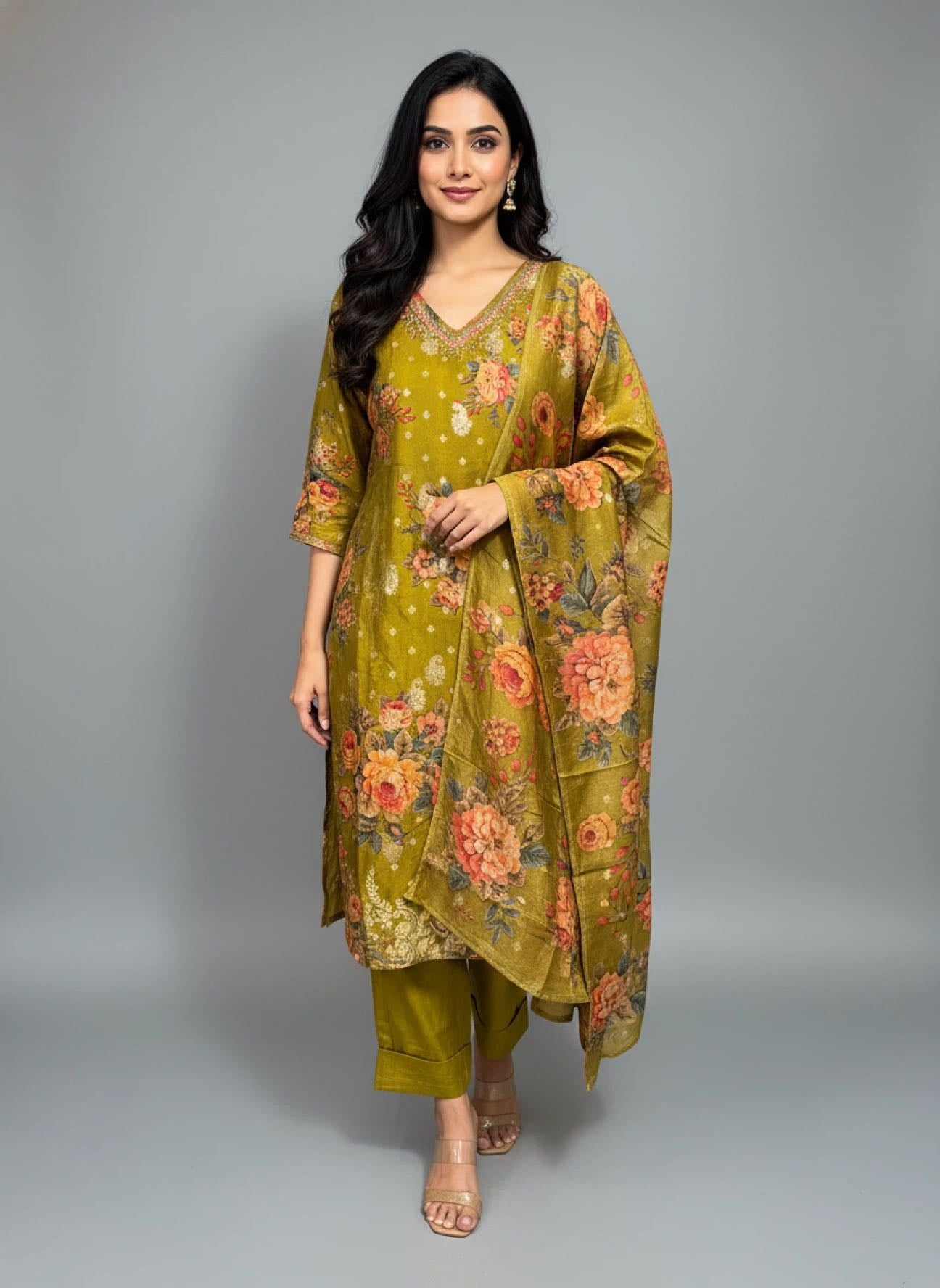 Mehandi Green Floral Silk Kurta Set with Matching Dupatta