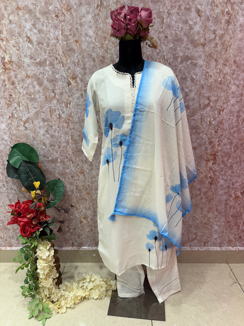 Elegant Off-White Floral Cotton Suit with Blue Accents