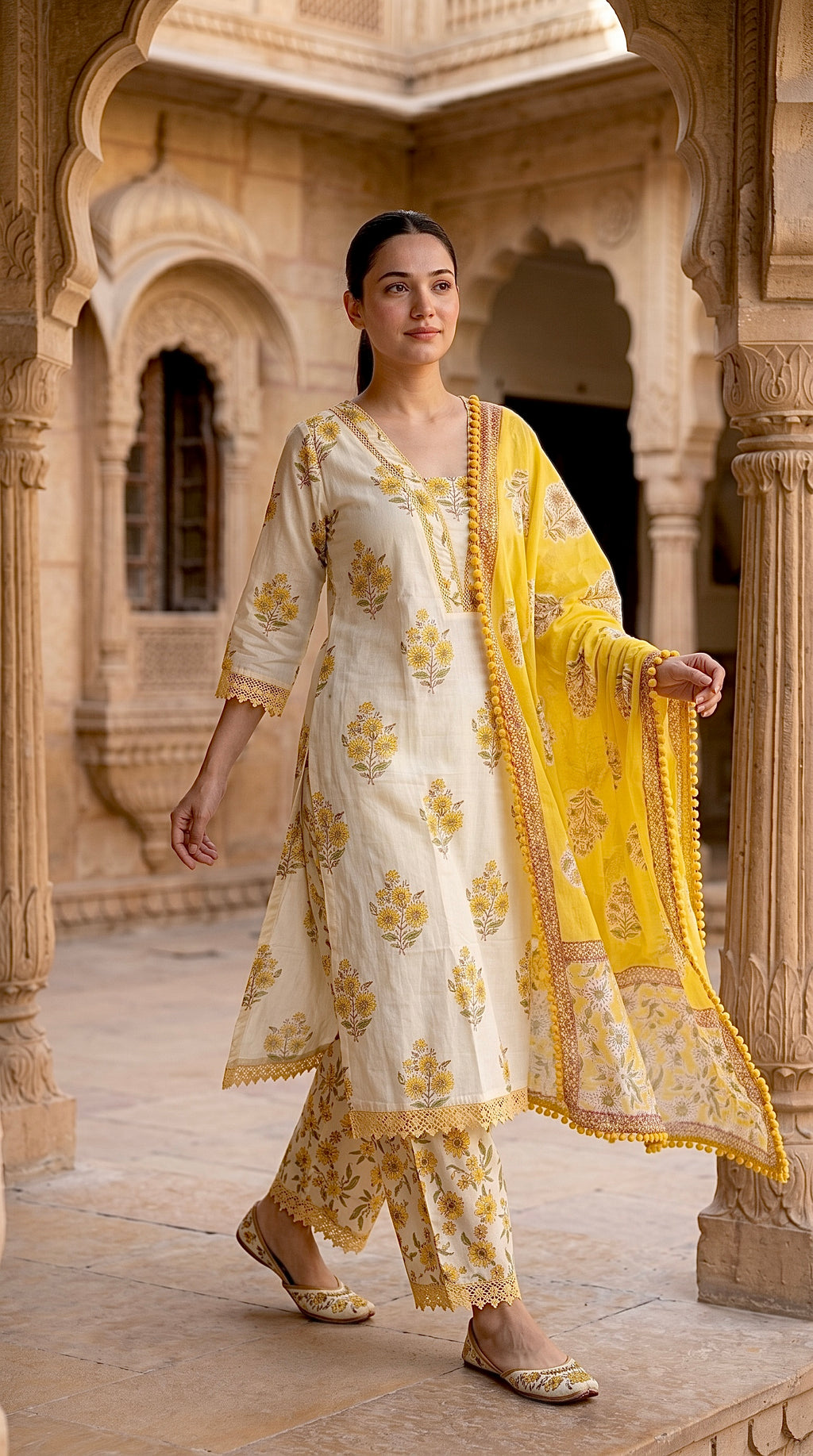 Ivory & Yellow Floral Block Print Cotton Kurta Set – Palazzo Suit