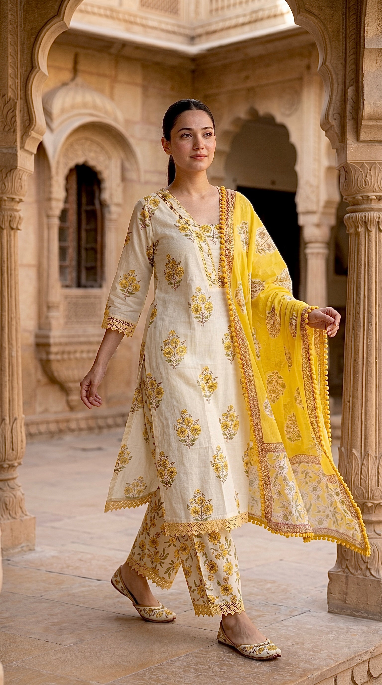 Ivory & Yellow Floral Block Print Cotton Kurta Set – Palazzo Suit
