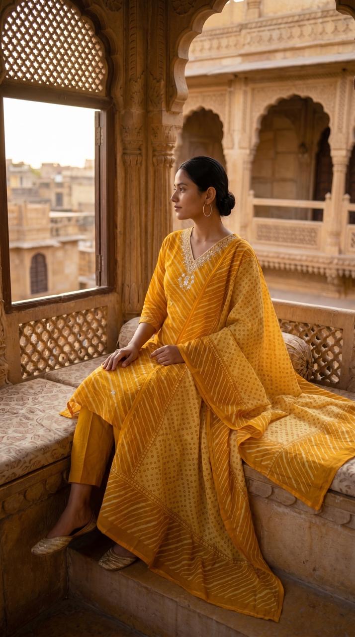 Mustard Yellow Leheriya Print Cotton Kurta Set for Women – Straight Suit with Bandhani Dupatta