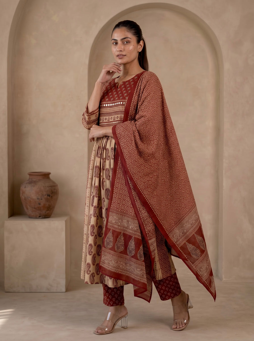Beige & Maroon Ajrakh Print Premium Cotton Anarkali Kurta Set