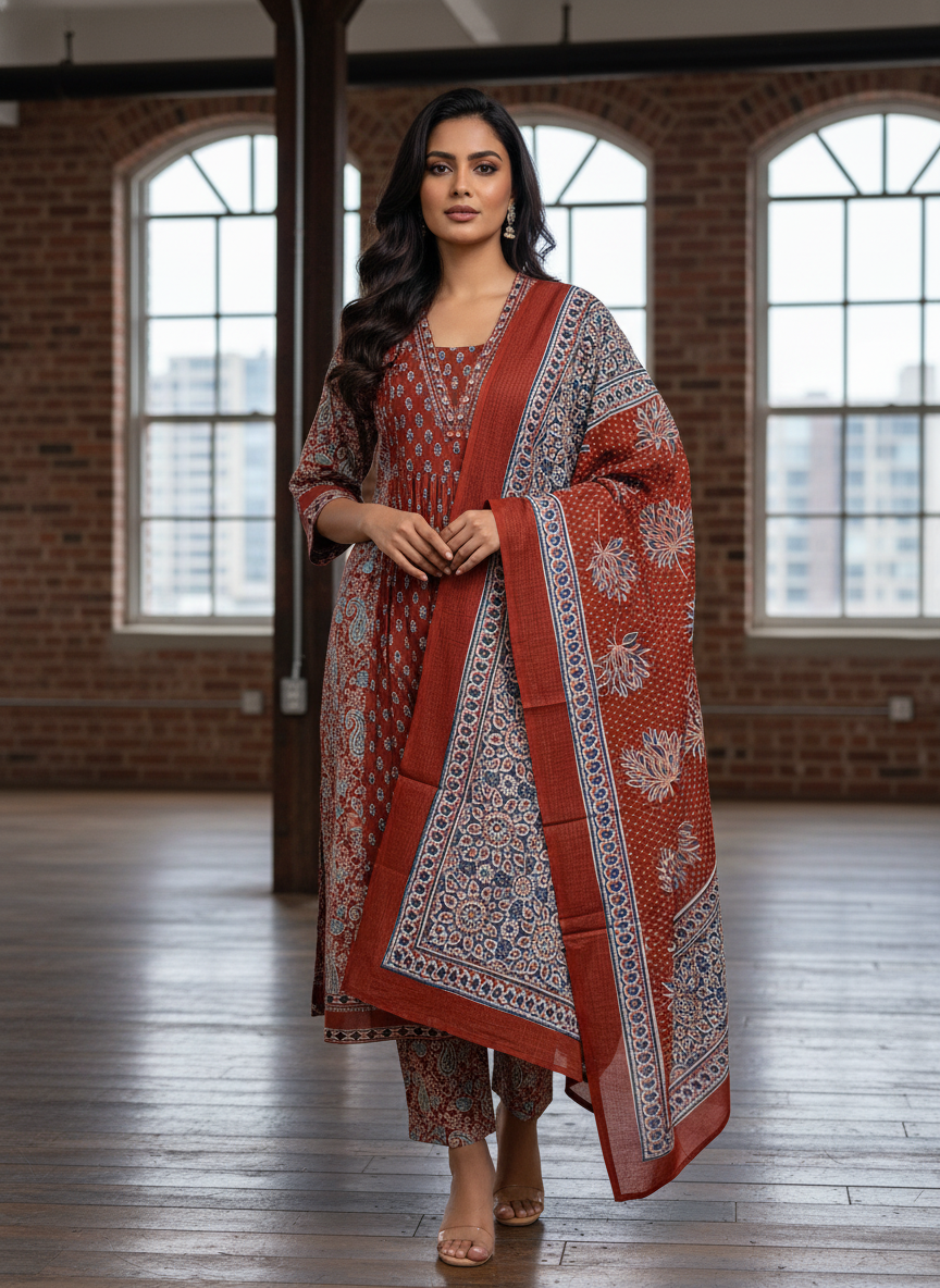 Rust Red & Indigo Ajrakh Print Cotton 3-Piece Suit Set