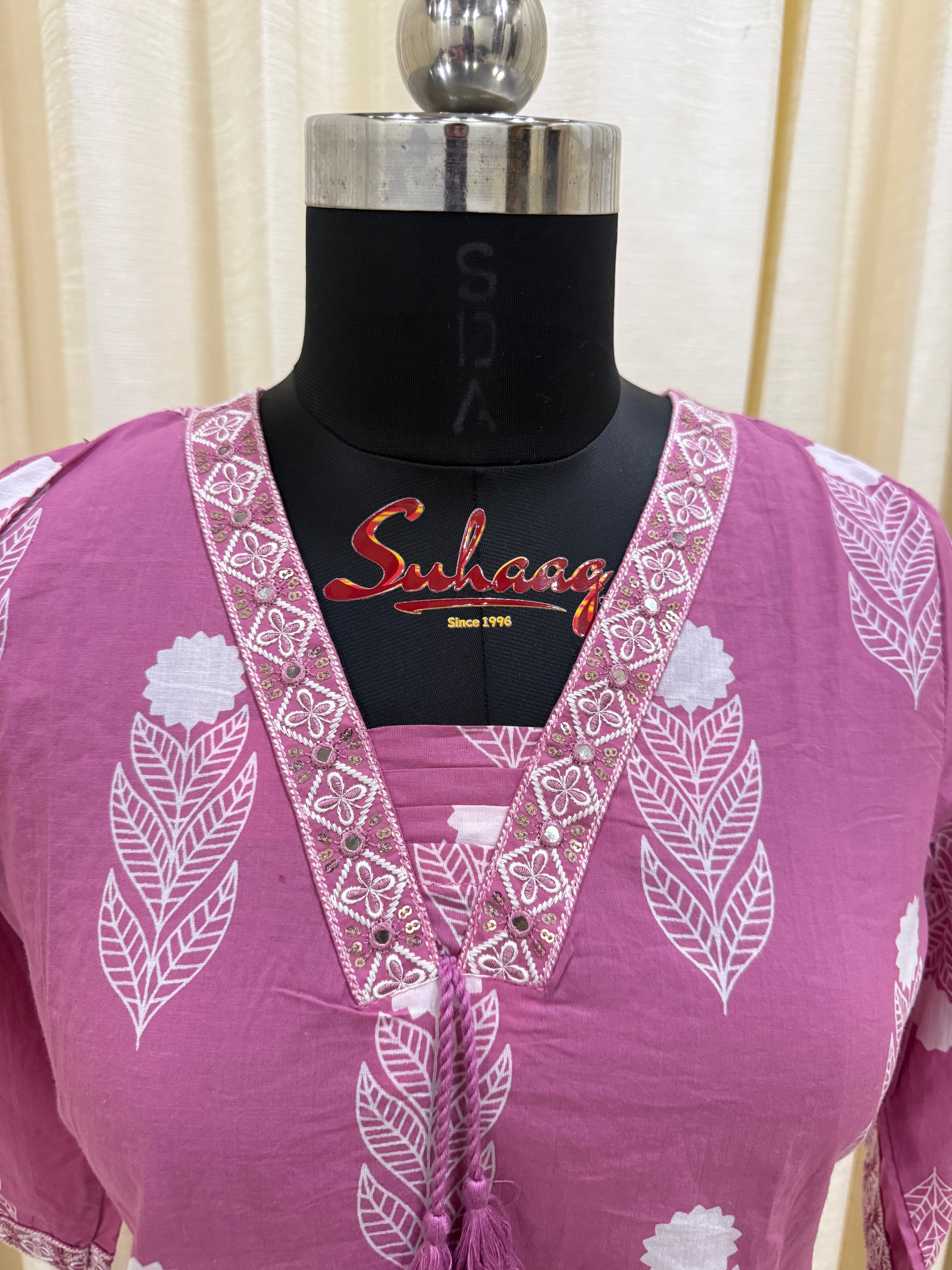 Mauve Pink Leaf Motif Cotton Kurta Set with Dupatta