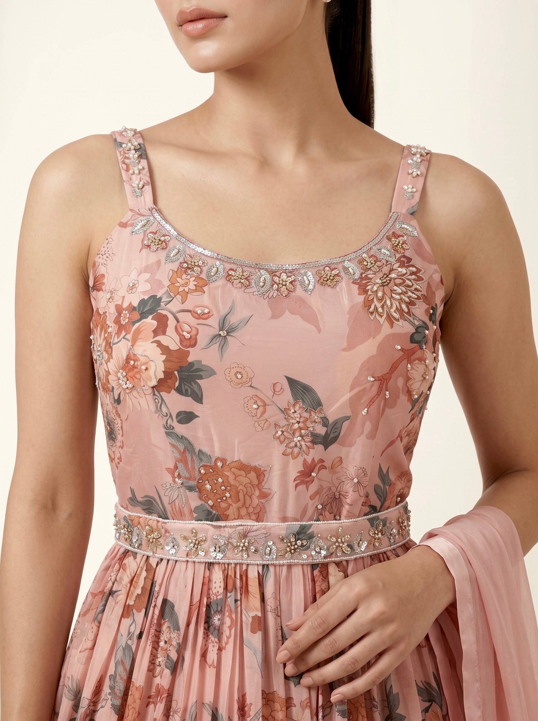 Dusty Pink Floral Print Chinon Crepe Anarkali Gown with Embellished Belt & Dupatta