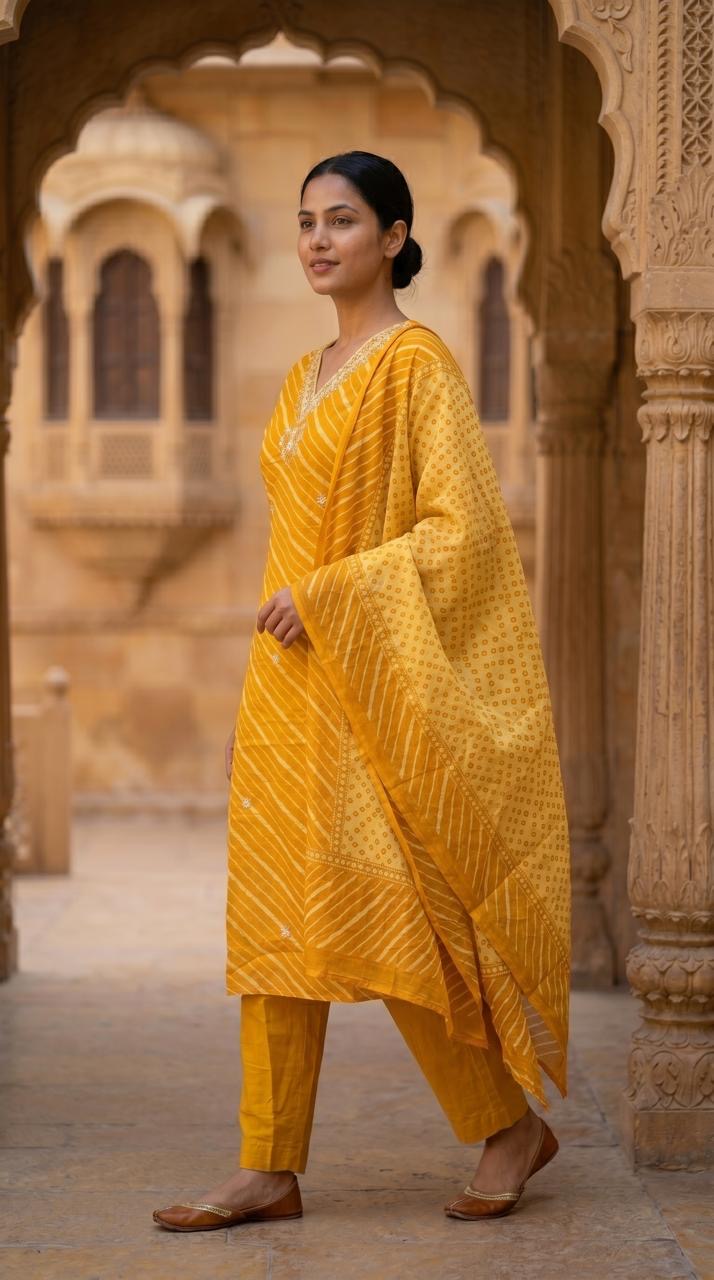 Mustard Yellow Leheriya Print Cotton Kurta Set for Women – Straight Suit with Bandhani Dupatta