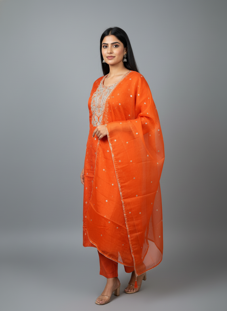 Radiant Orange Silk Embroidered Salwar Suit Set