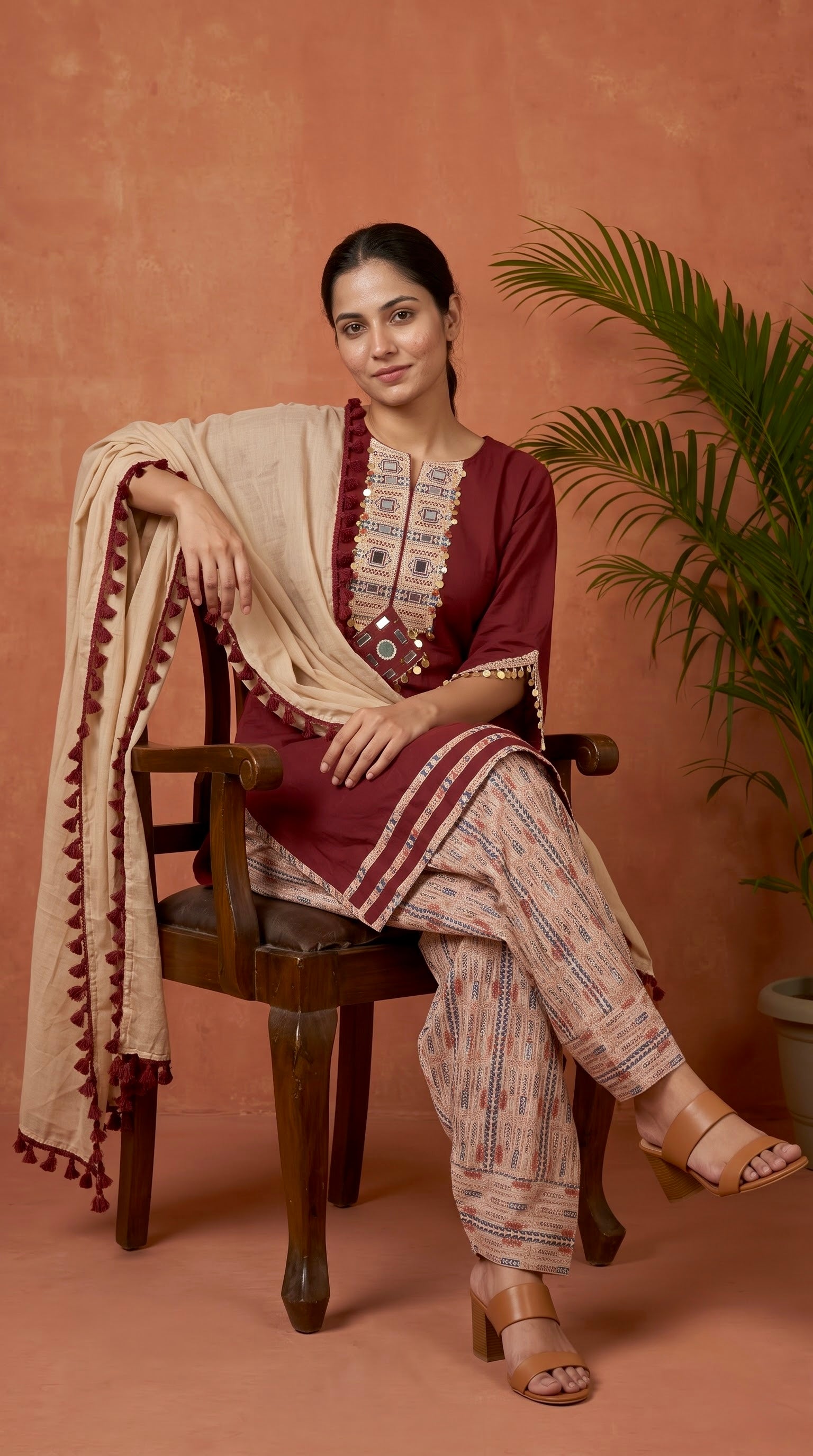 Maroon Mirror Work Premium Cotton Kurta Set with Printed Salwar