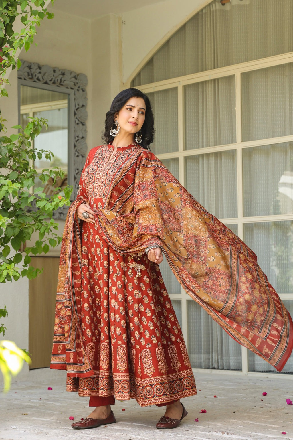 Gulnaar Rust Cotton Anarkali Set