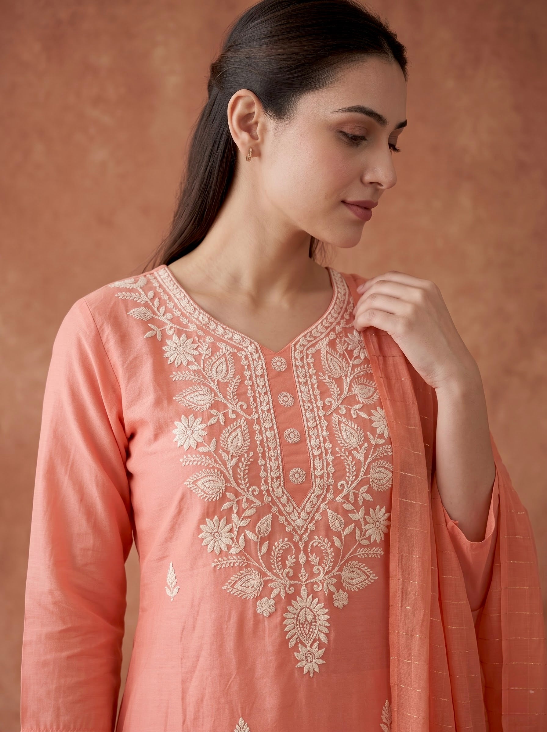 Peach Chikankari Embroidered Slub Cotton Kurta Set