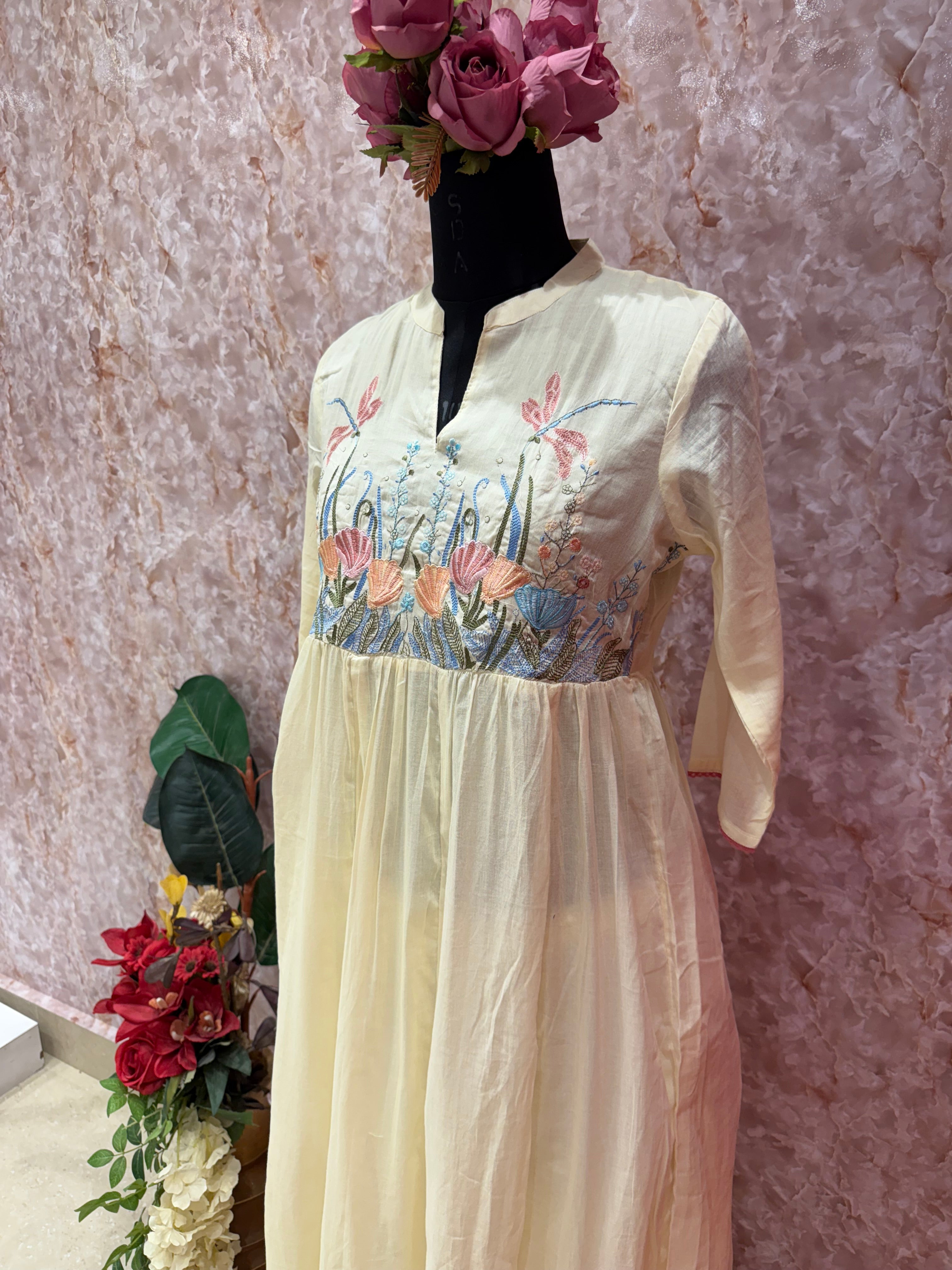 Sunshine Meadow: Soft Yellow Mul Cotton Anarkali Set