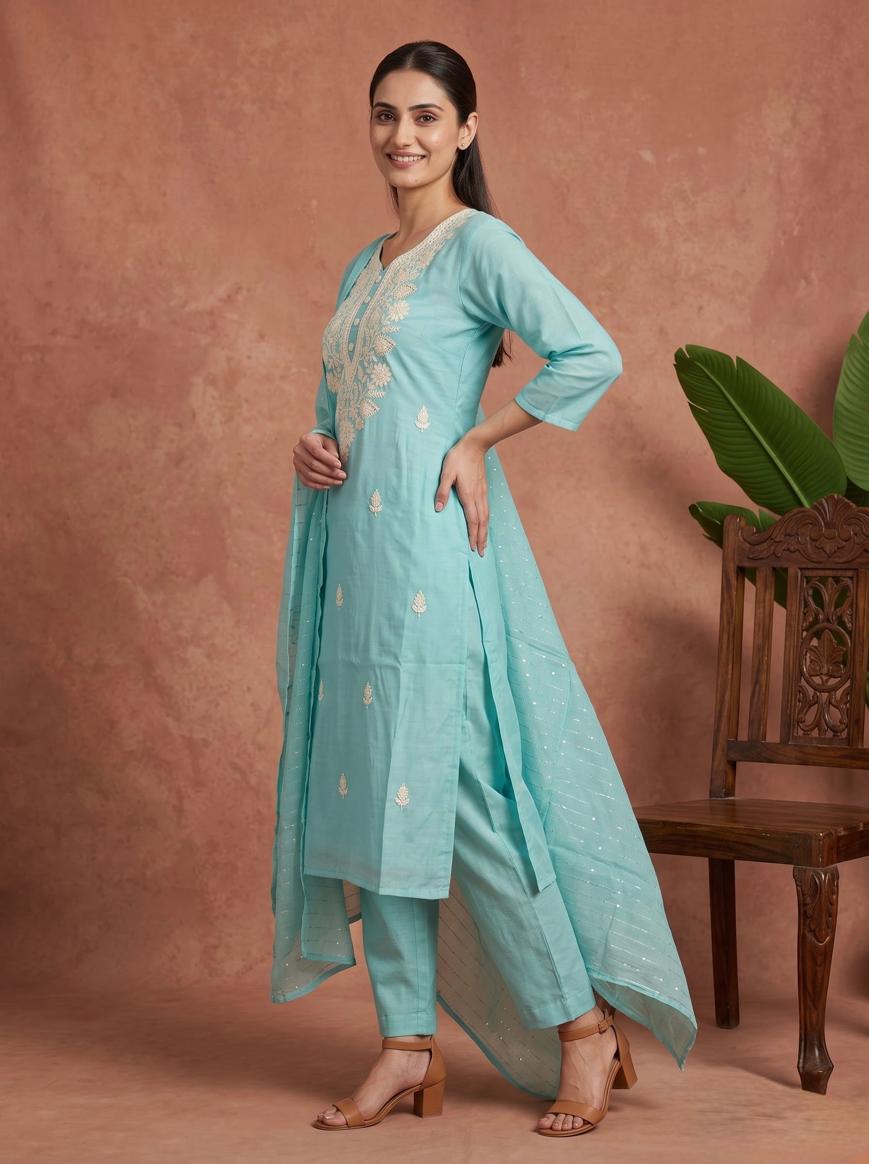 Sky Blue Chikankari Embroidered Slub Cotton Kurta Set