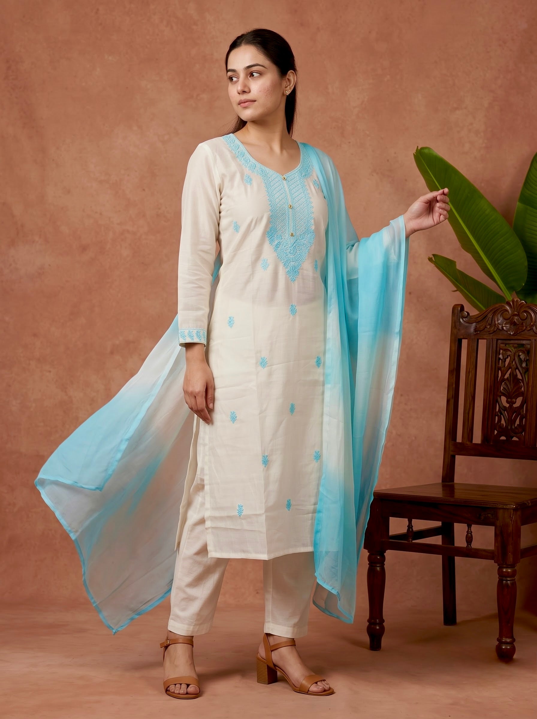 Off-White Chikankari Embroidered Slub Cotton Kurta Set