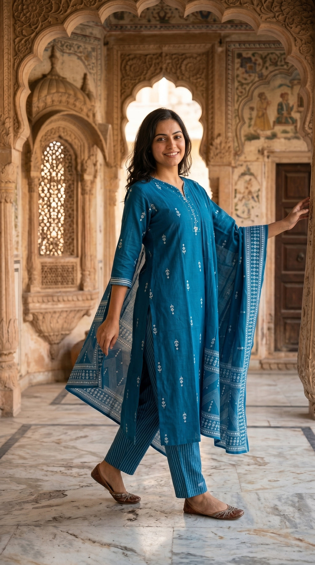 Teal Blue Booti Print Cotton Kurta Set for Women – Straight Daily & Office Wear Suit