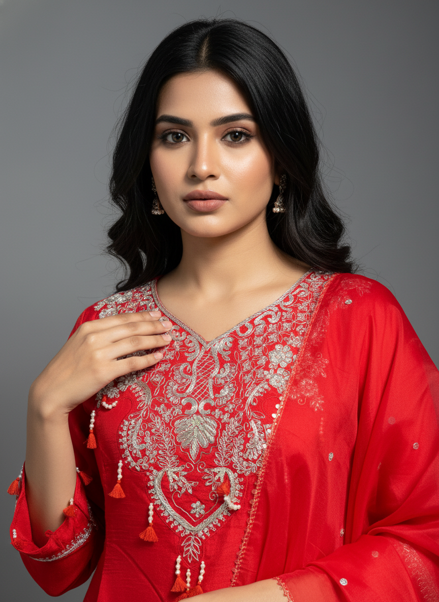 Ruby Red Embroidered Kurta & Pant Set with Organza Dupatta