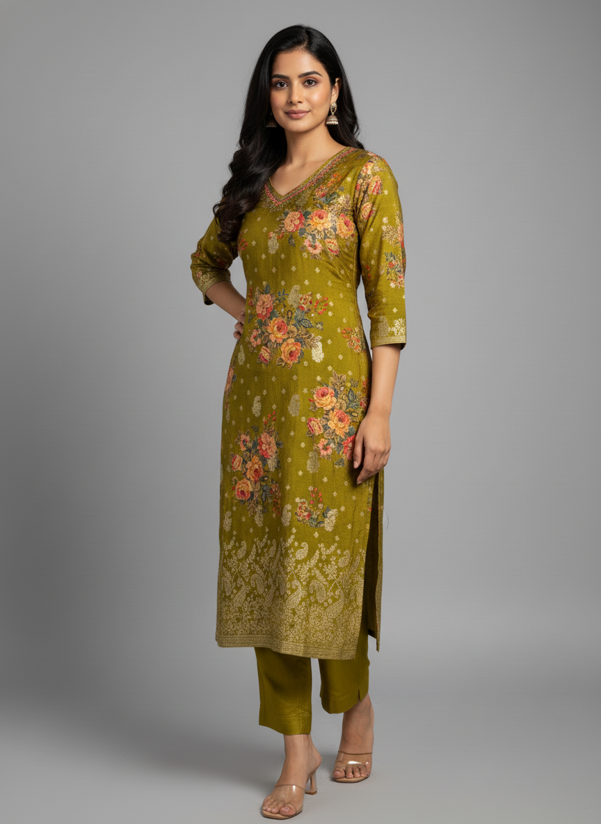 Mehandi Green Floral Silk Kurta Set with Matching Dupatta