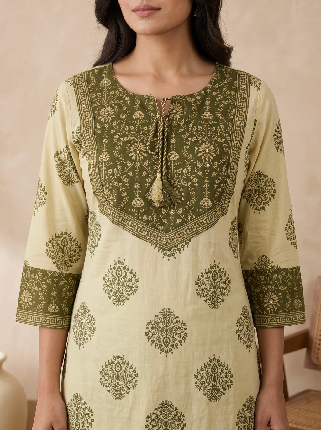 Olive Green Block Print Premium Cotton Kurta Palazzo Set